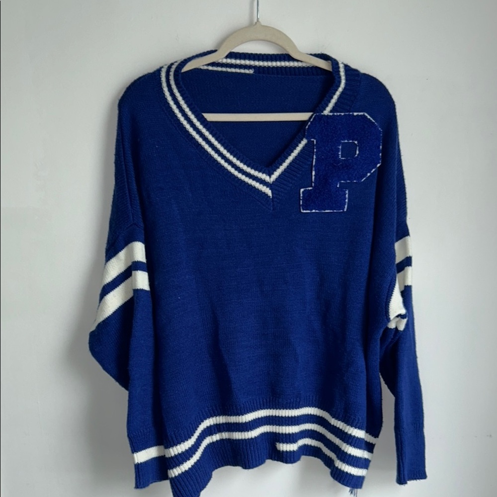 Blue OVERSIZED V-Neck Sweater with Stripes Varsity